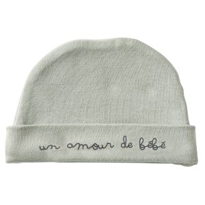Bonnet de naissance "Un Amour de Bébé" Vert de Gris